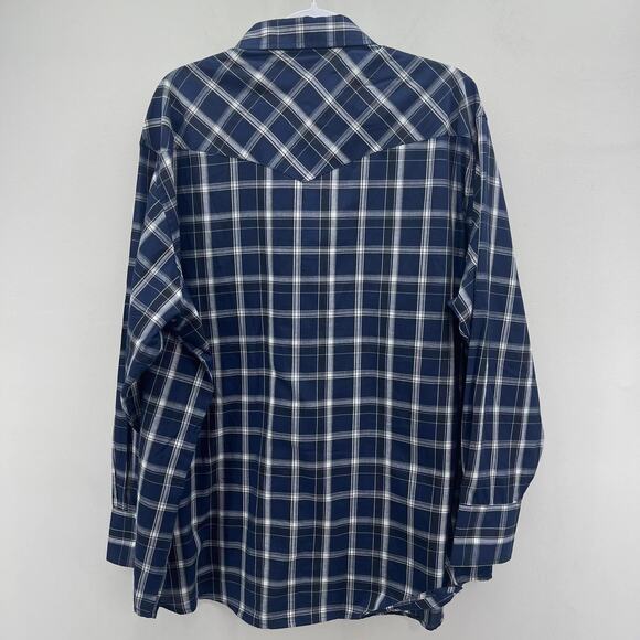 Wrangler Pearl Snap Western Shirt Mens 2XL Big Blue White Plaid Long Sleeve - Picture 2 of 6